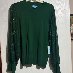CeCe Emerald Green Crewneck Sweater with Sequin Mesh Sleeves